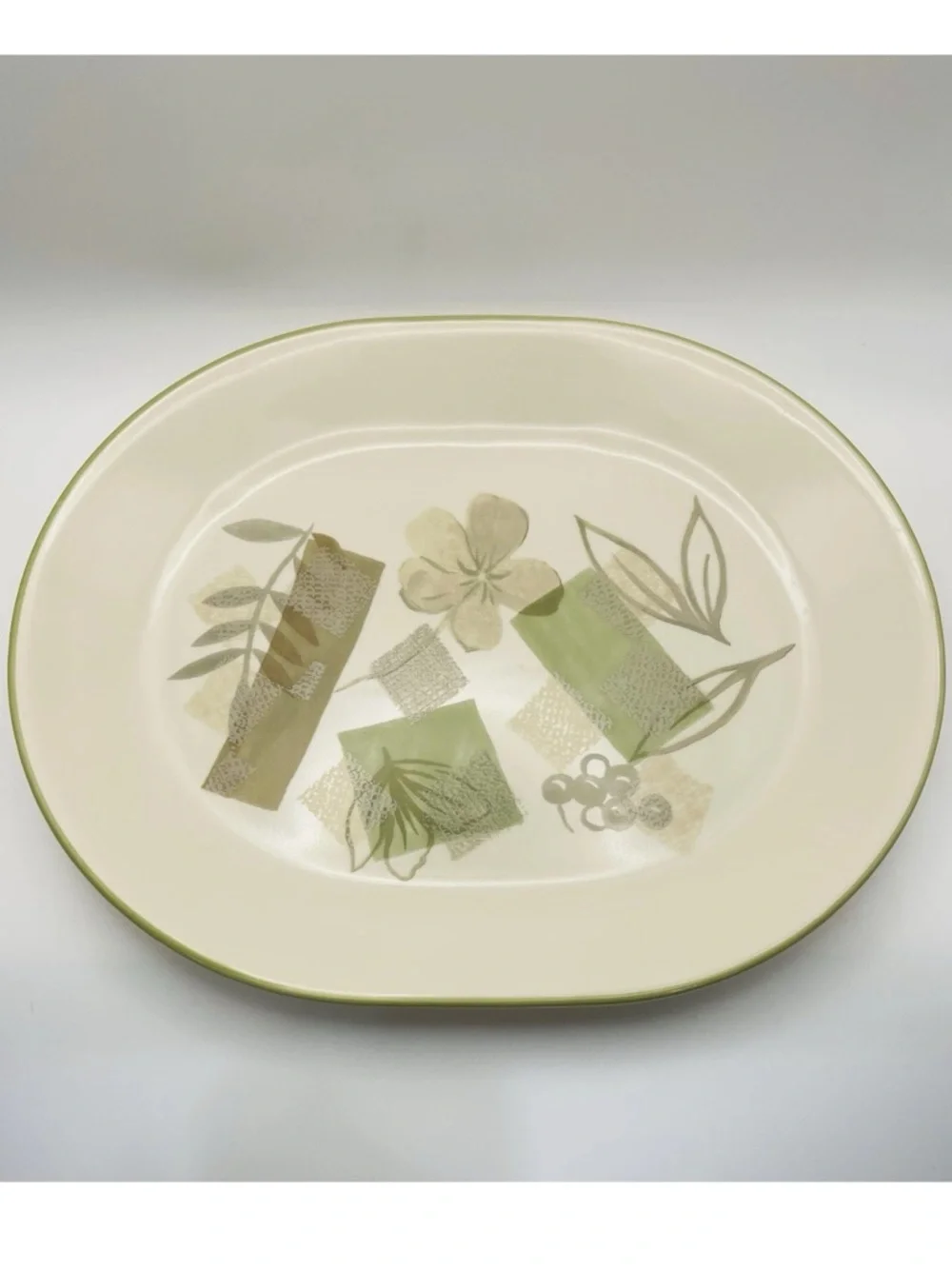 Corelle Textured Leaves Serving Platter 12 inch Oval Cream w/Green Floral Motif